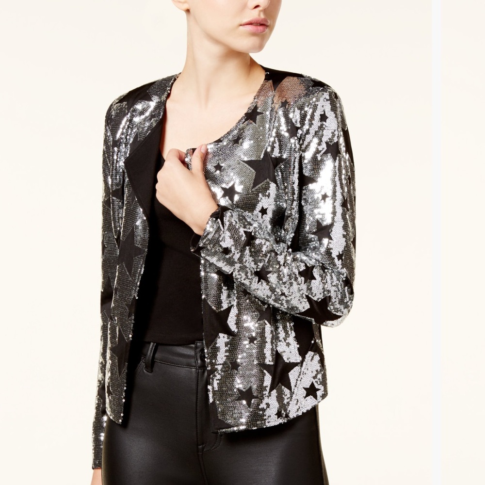 XOXO Women's Star Sequin Blazer - Black and Silver